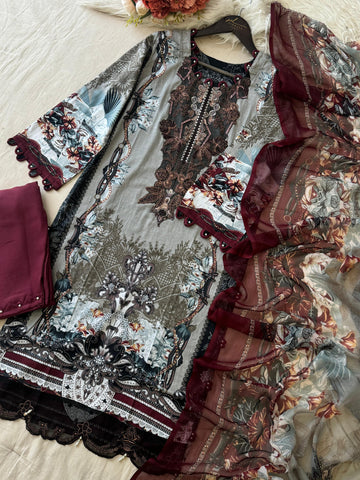Earthy Grey & Maroon Heritage Print Suit - Pehnava Lawns
