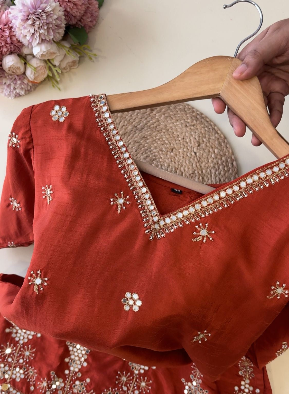 Russian silk Handworked suit with scalloped dupatta