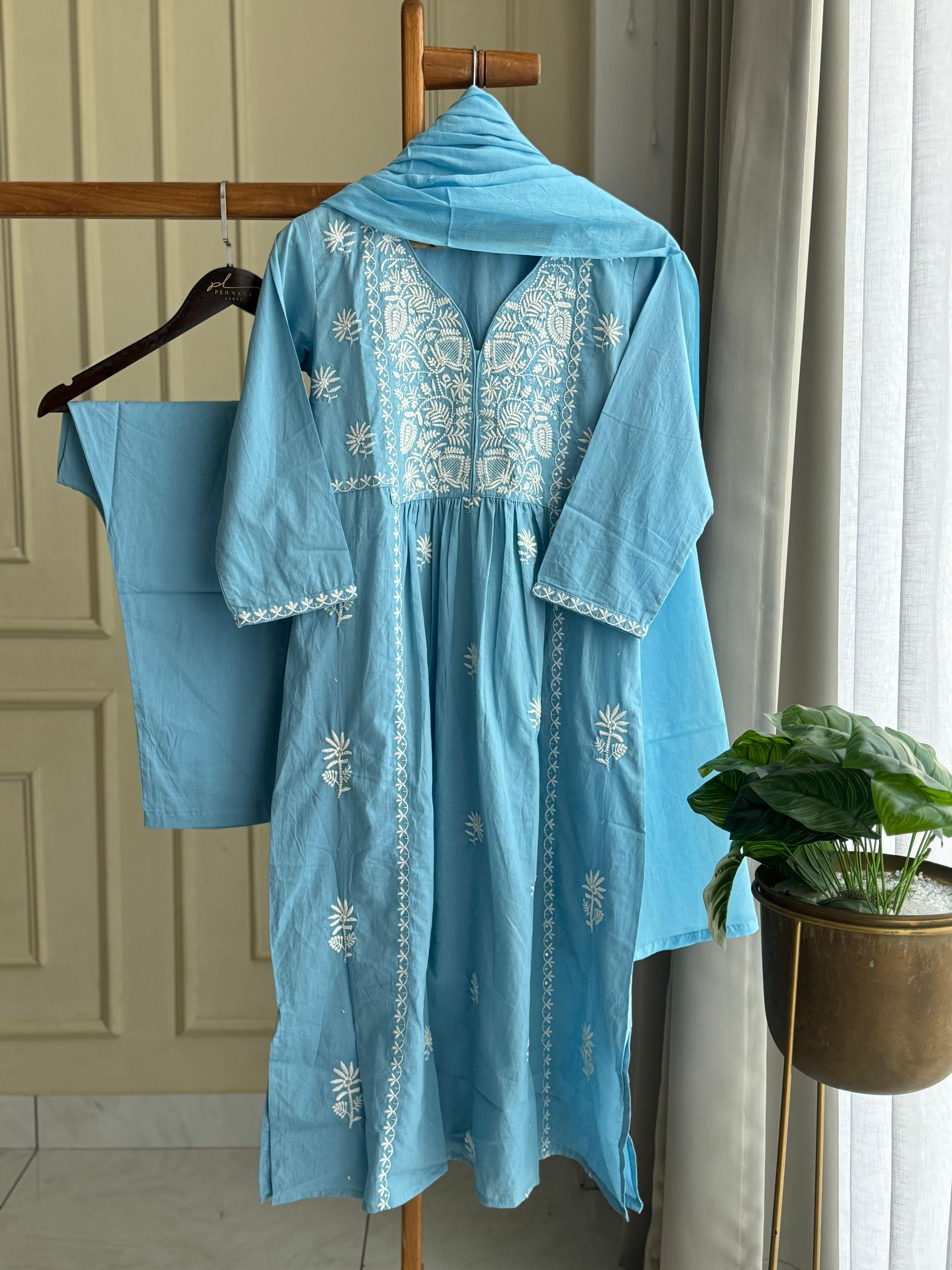 Pure cotton floral embroidered suit