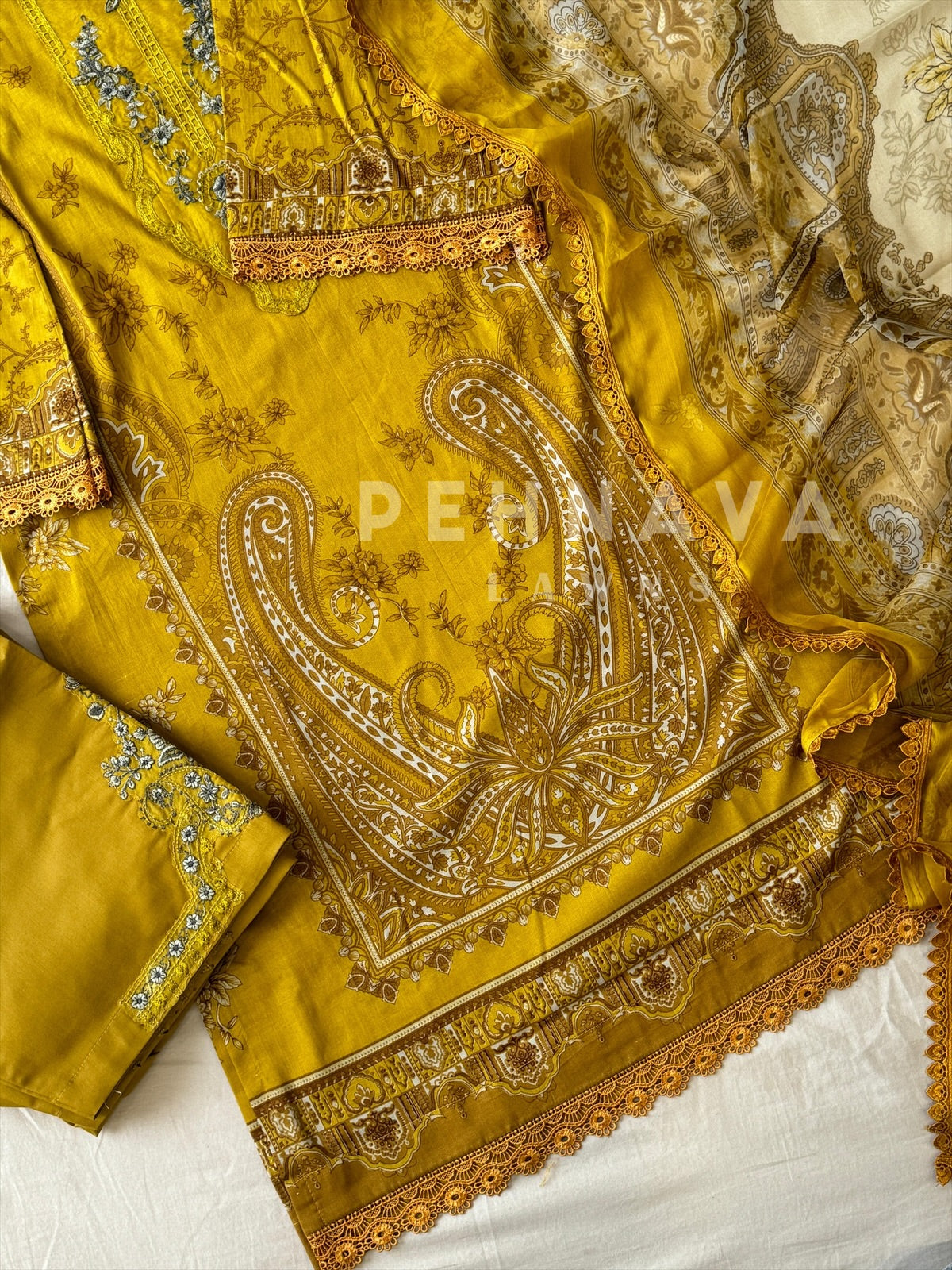 Printed Suit with Organza Embroidered Detailings