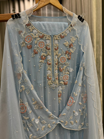 Premium Chiffon handwork suit with bottom and organza  hand  worked dupatta-1180