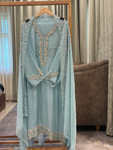 Premium organza  handwork suit with bottom and organza  hand  worked dupatta-1098