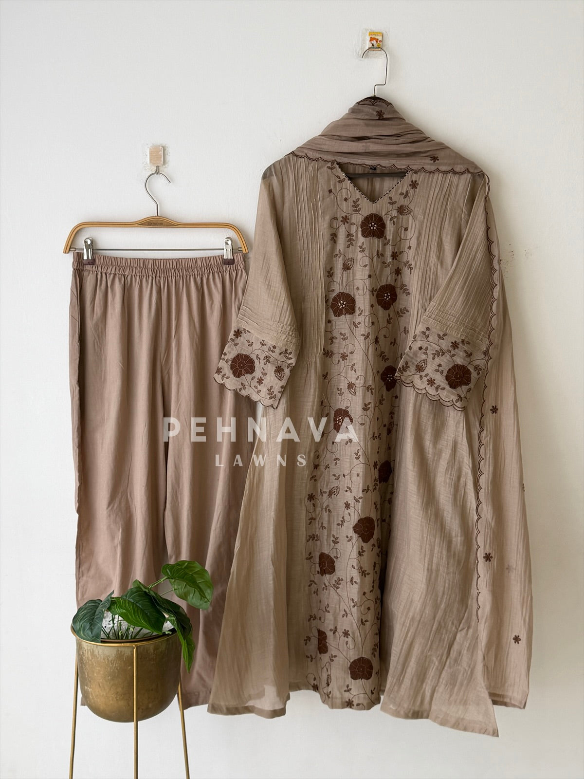 Pleated Yoke Floral Embroidered Ensemble3048