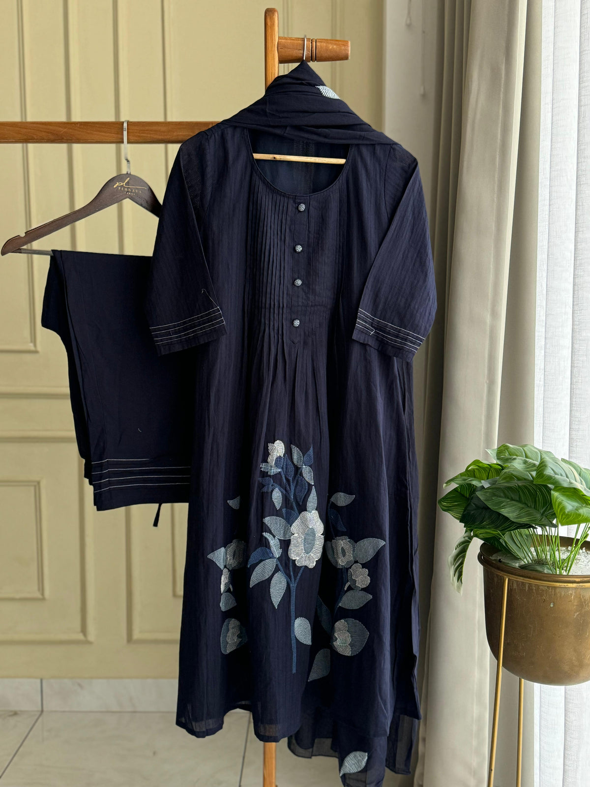 Pure cotton floral embroidered Anarkali suit-White