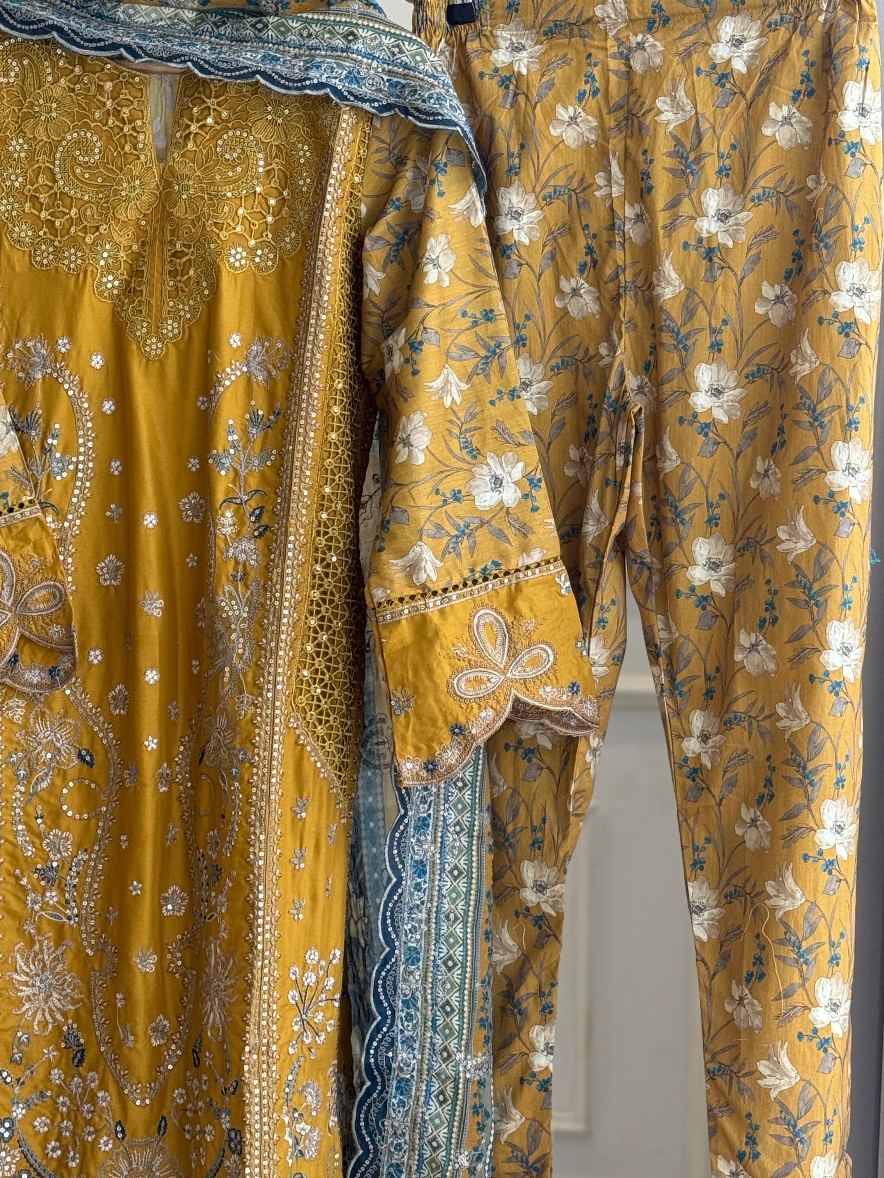 Yellow Floral Print With Embroidery Lawn Suit
