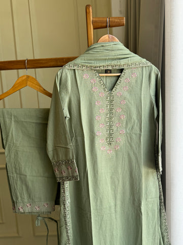 Pure cotton three peice suit with mul cotton soft dupatta-1088
