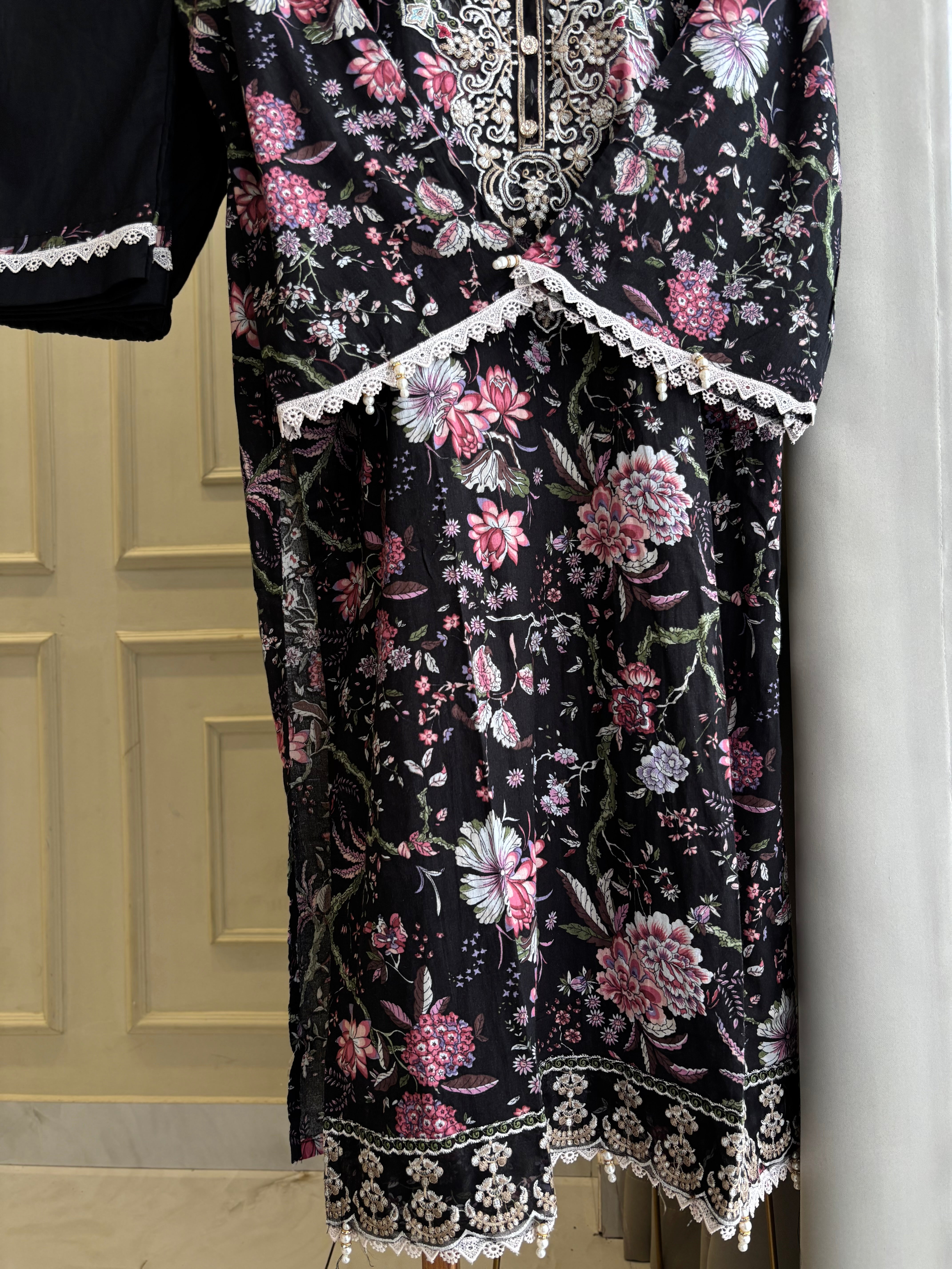 Black Embellished Floral Suit