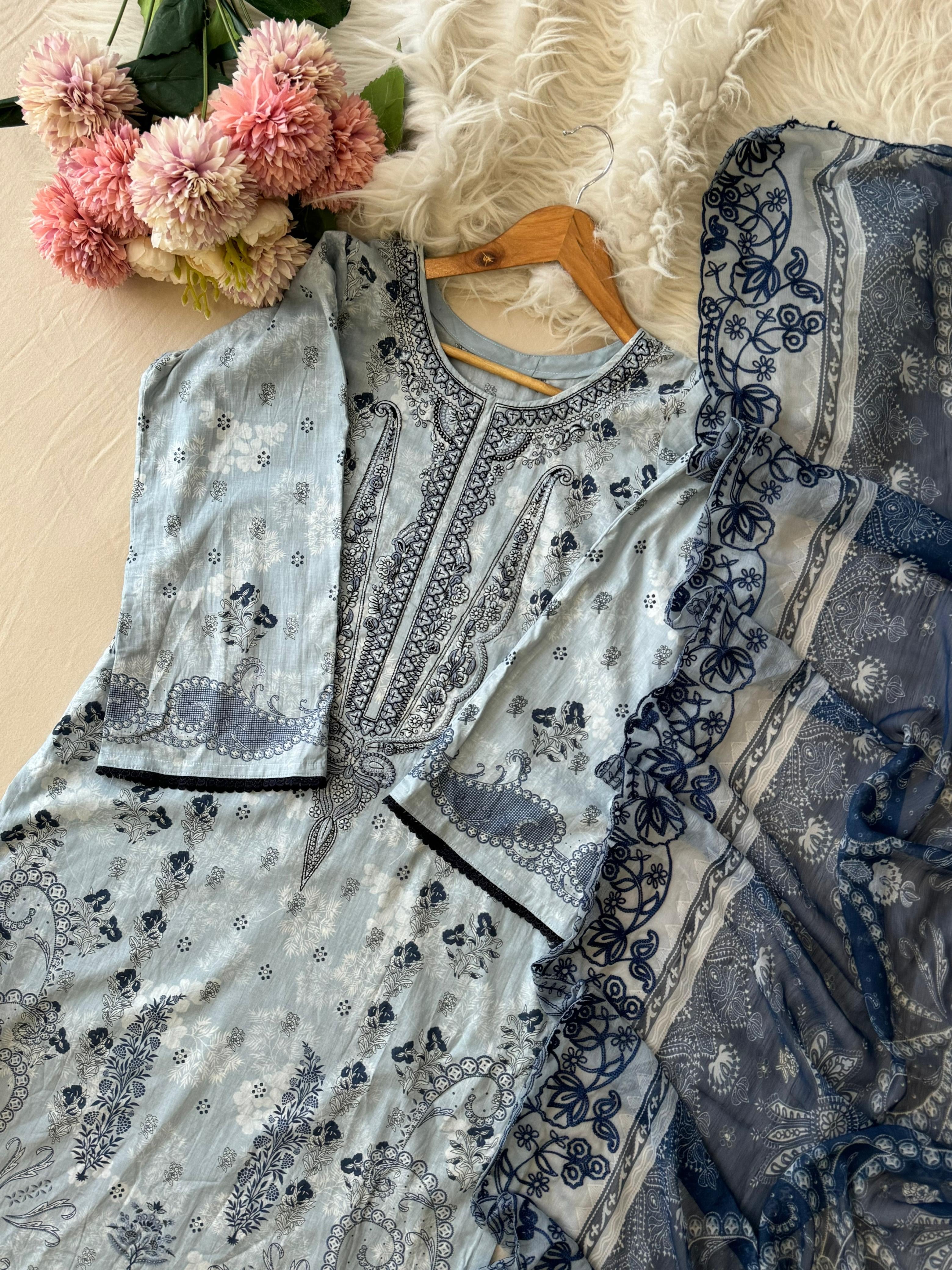 Blue Printed Unstitched suit 3977