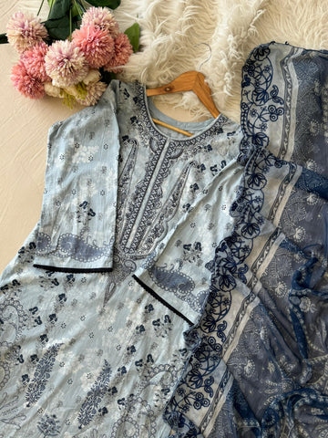 Blue Printed Unstitched suit 3977