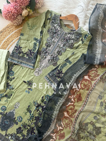 Pakistani printed cotton suit with embroidered patches -9086