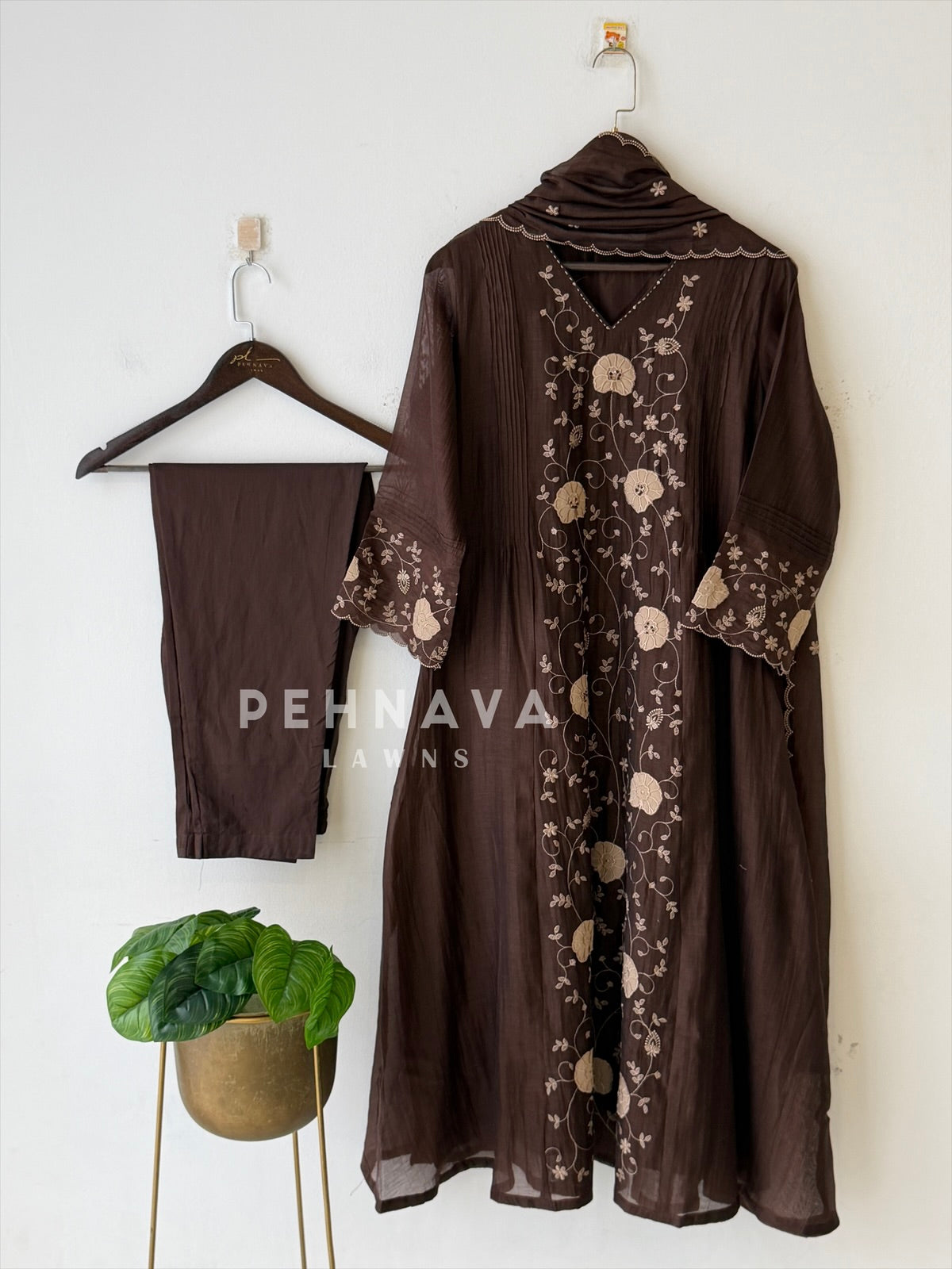 Pleated Yoke Floral Embroidered Ensemble 3048