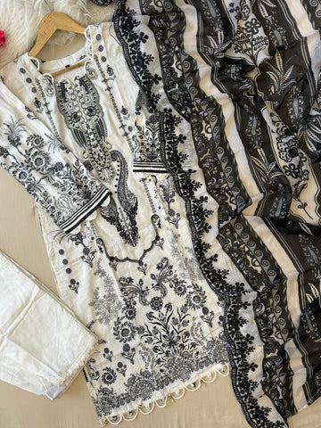 White Block Printed Pakistani Suit