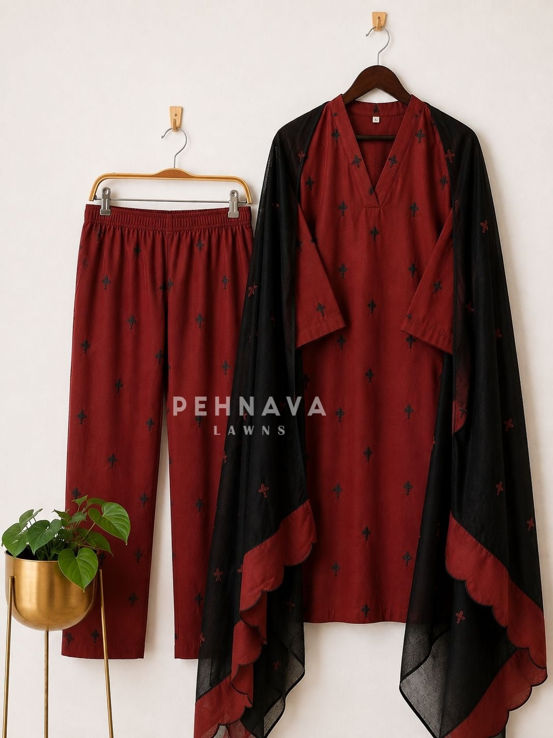 Women's V-Neck Embroidered Cotton Suit Set with Dupatta | Style | Pehnava-6984