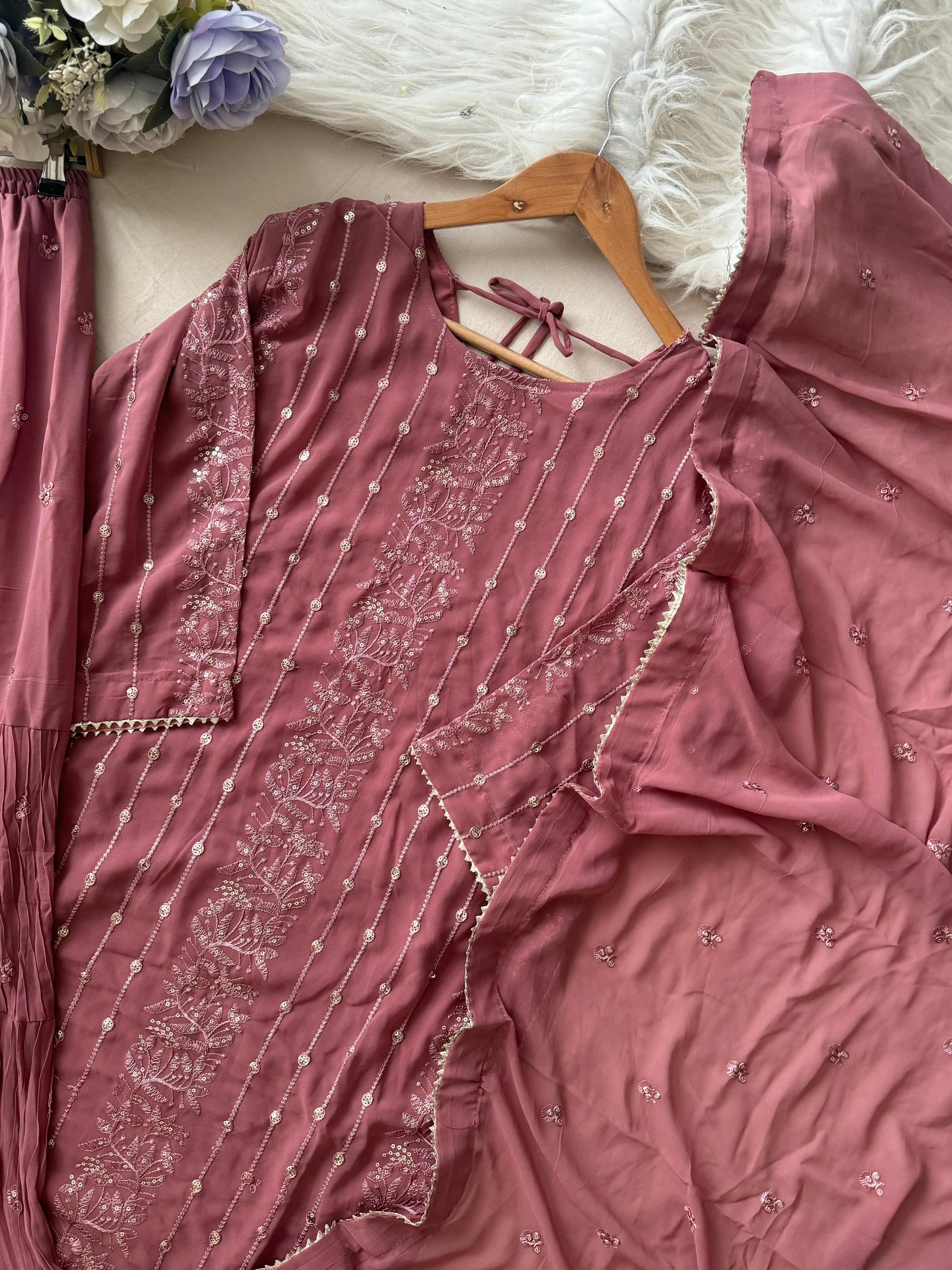 Georgette Embroidered Pink Sharara Suit