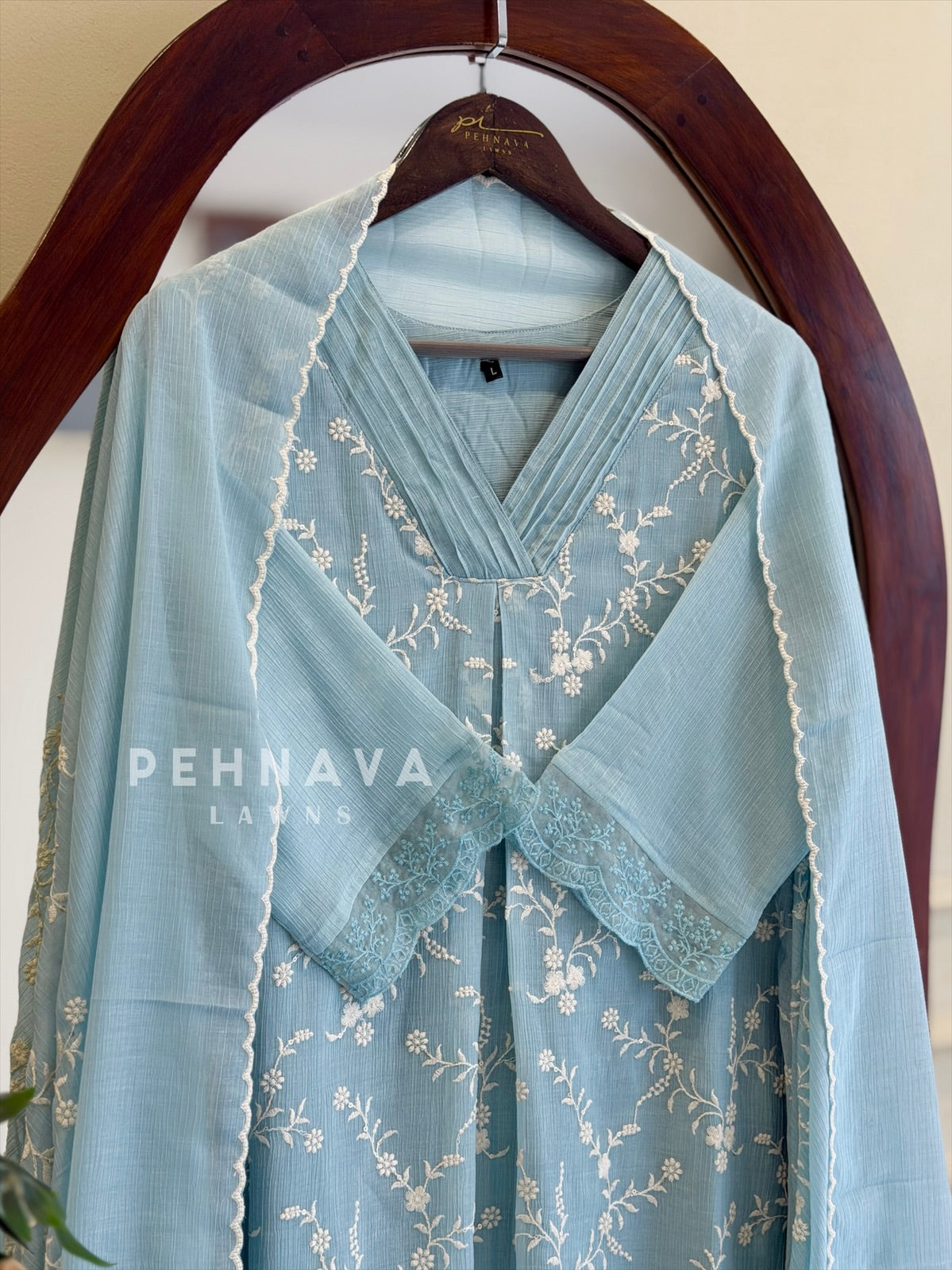Pleated Yoke Floral Embroidered Suit
