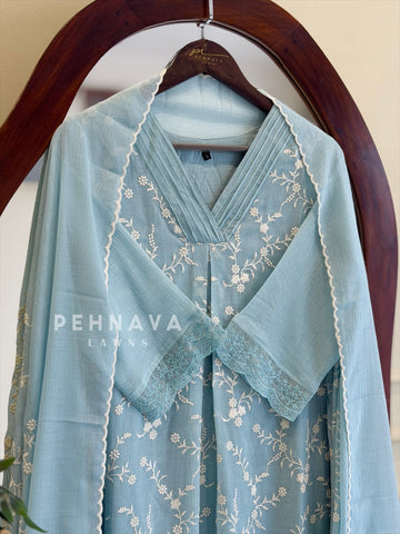 Pleated Yoke Floral Embroidered Suit