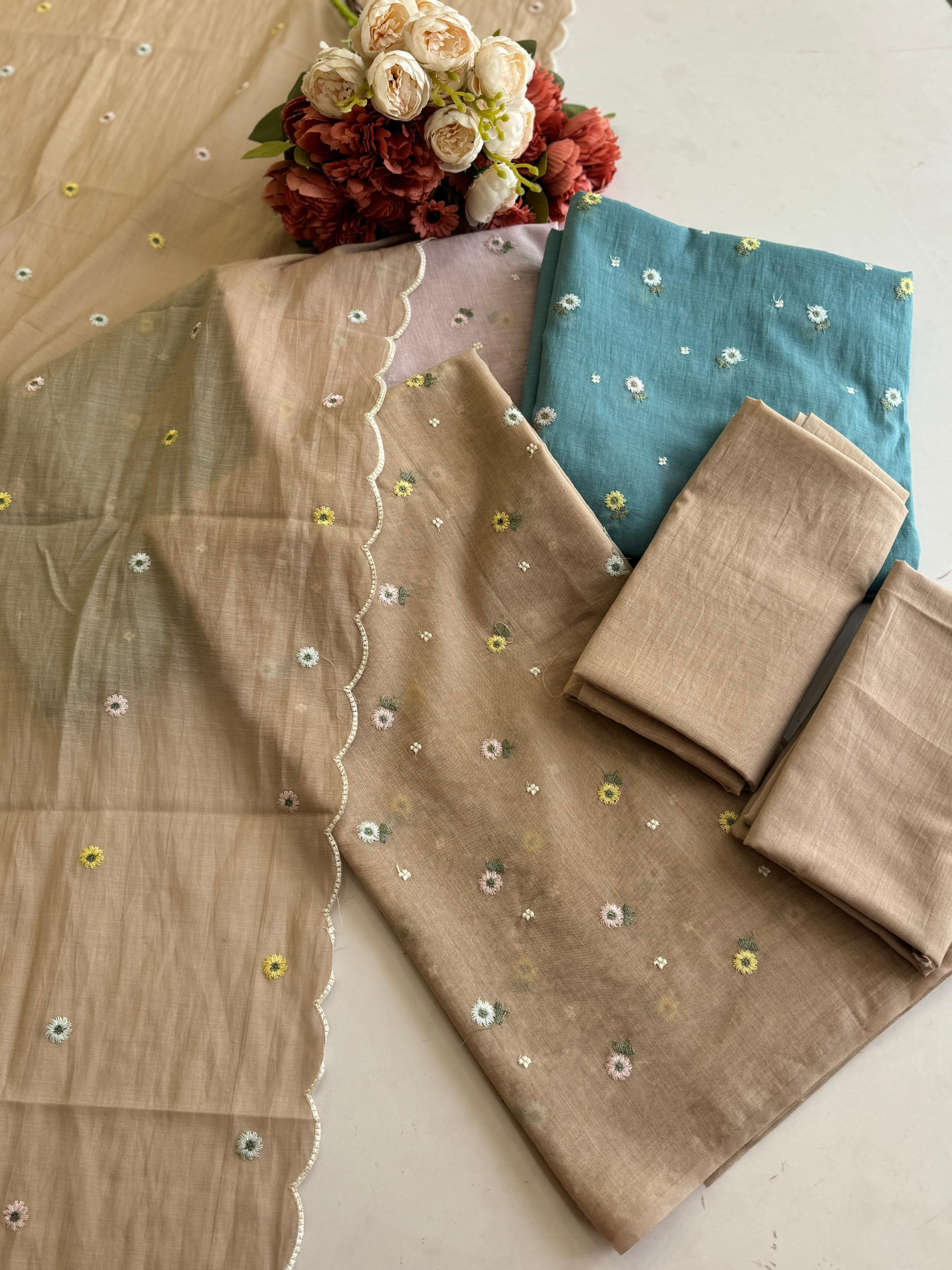 Premium Hand-Embroidered Mulchanderi Unstitched Suit