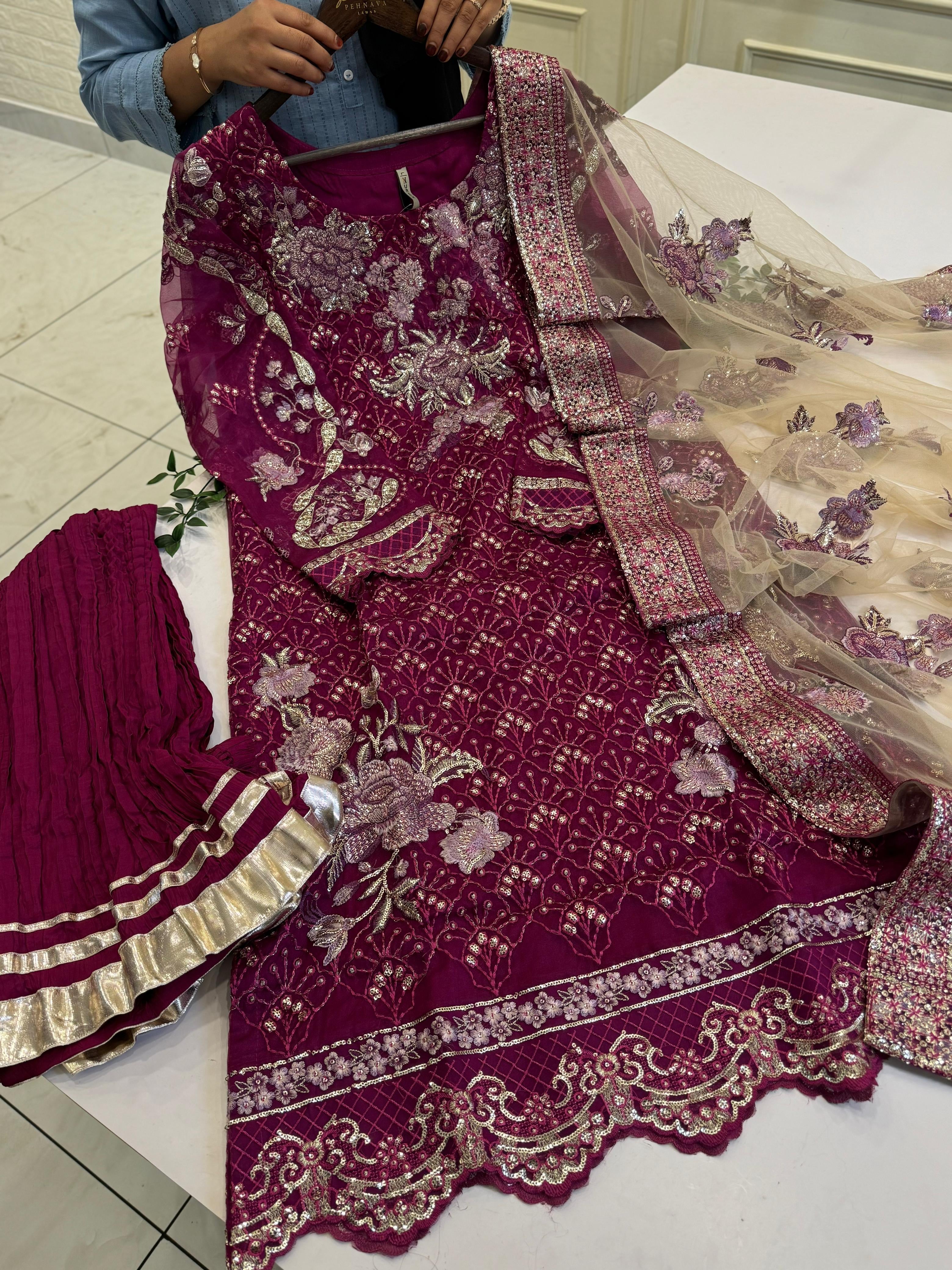 Maroon Embroidered Sharara Suit