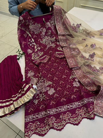 Maroon Embroidered Sharara Suit