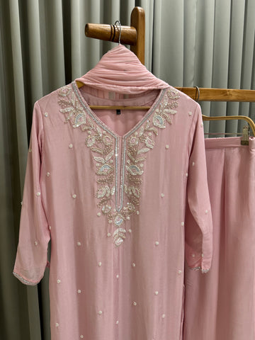 Handworked Chinnon Suit with wide palazzos - Pehnava Lawns