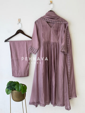 Pleated Lace Work Three Piece Suit-13513