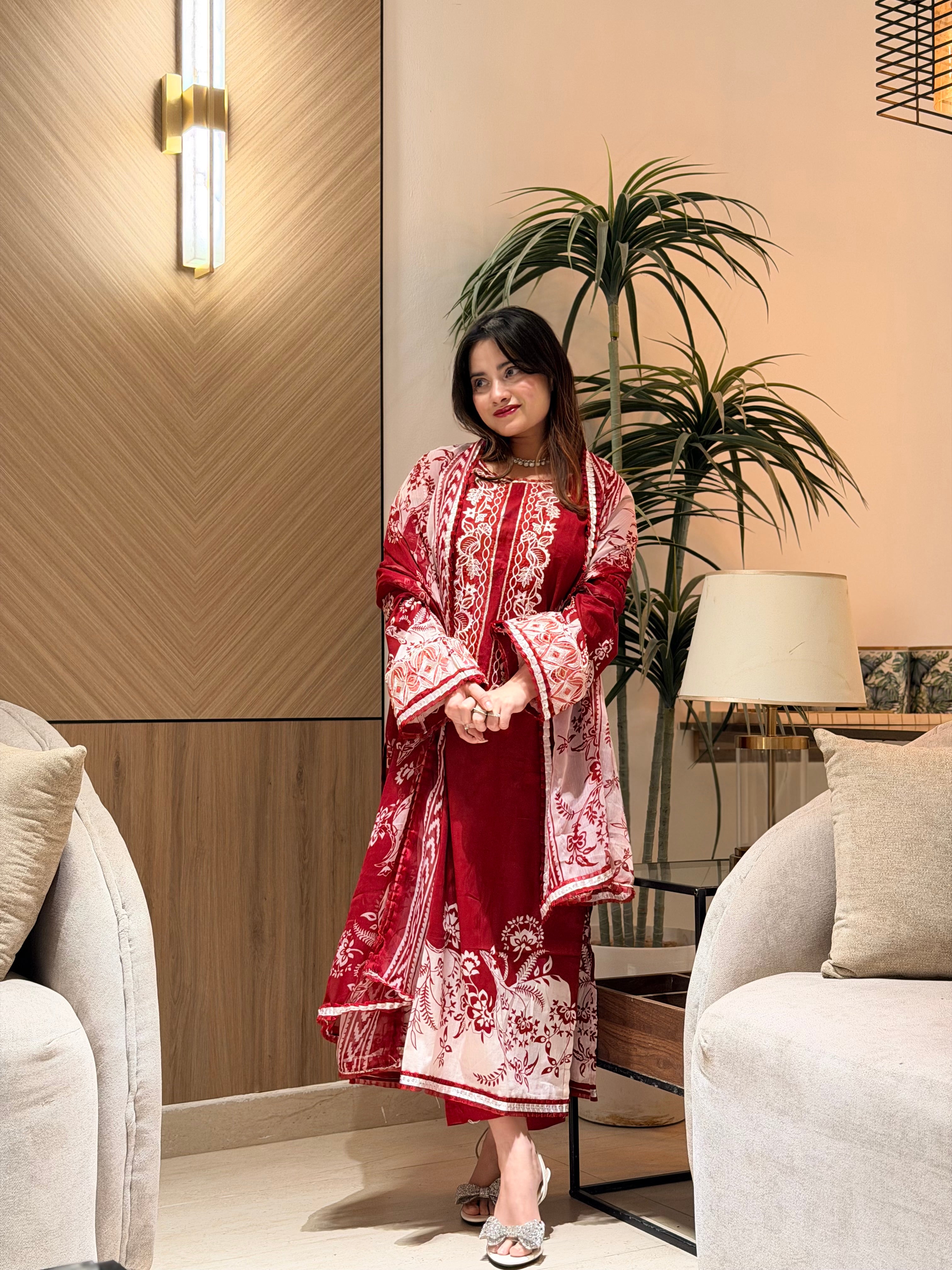 Red Neckline Embroidered Paksuit-1356A