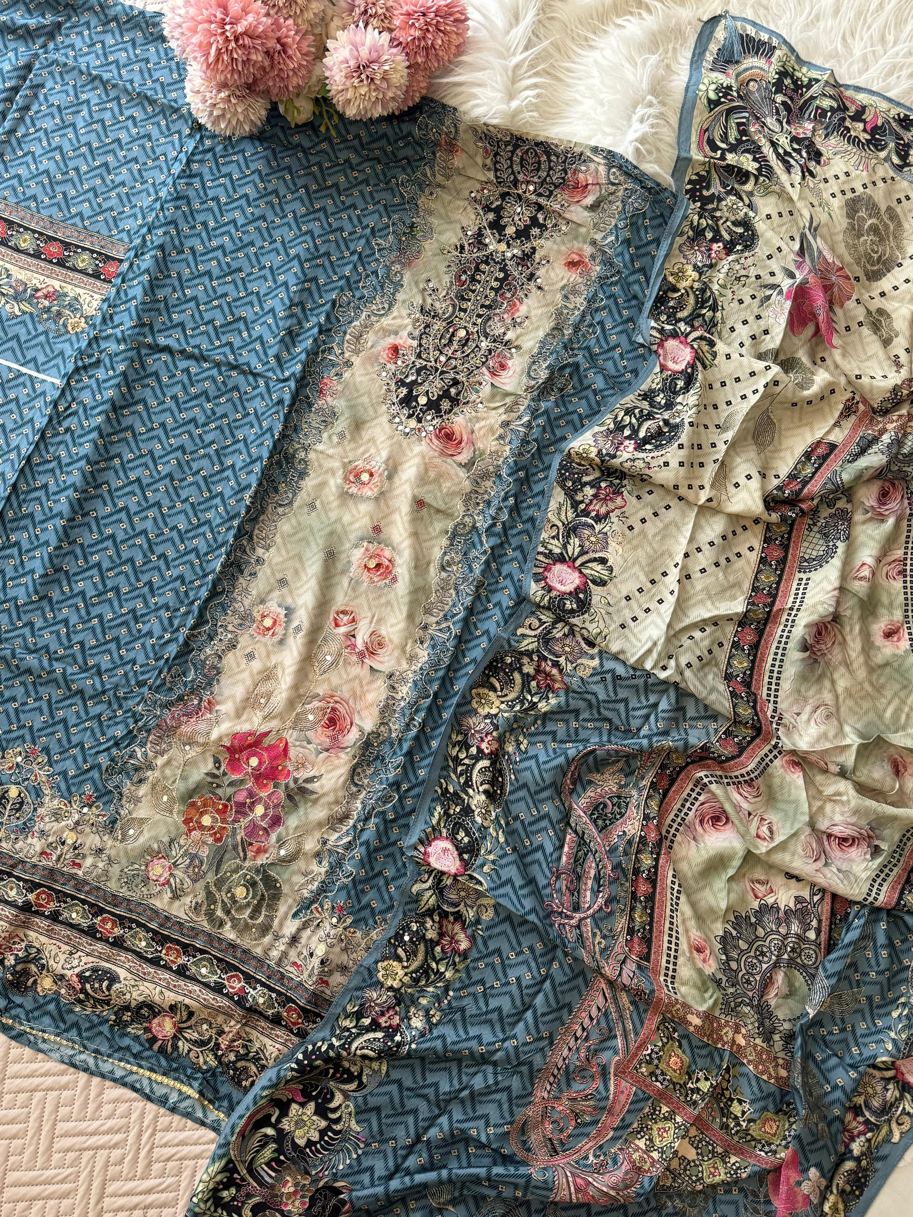 Premium Muslin Suit with Bloomy Prints-240