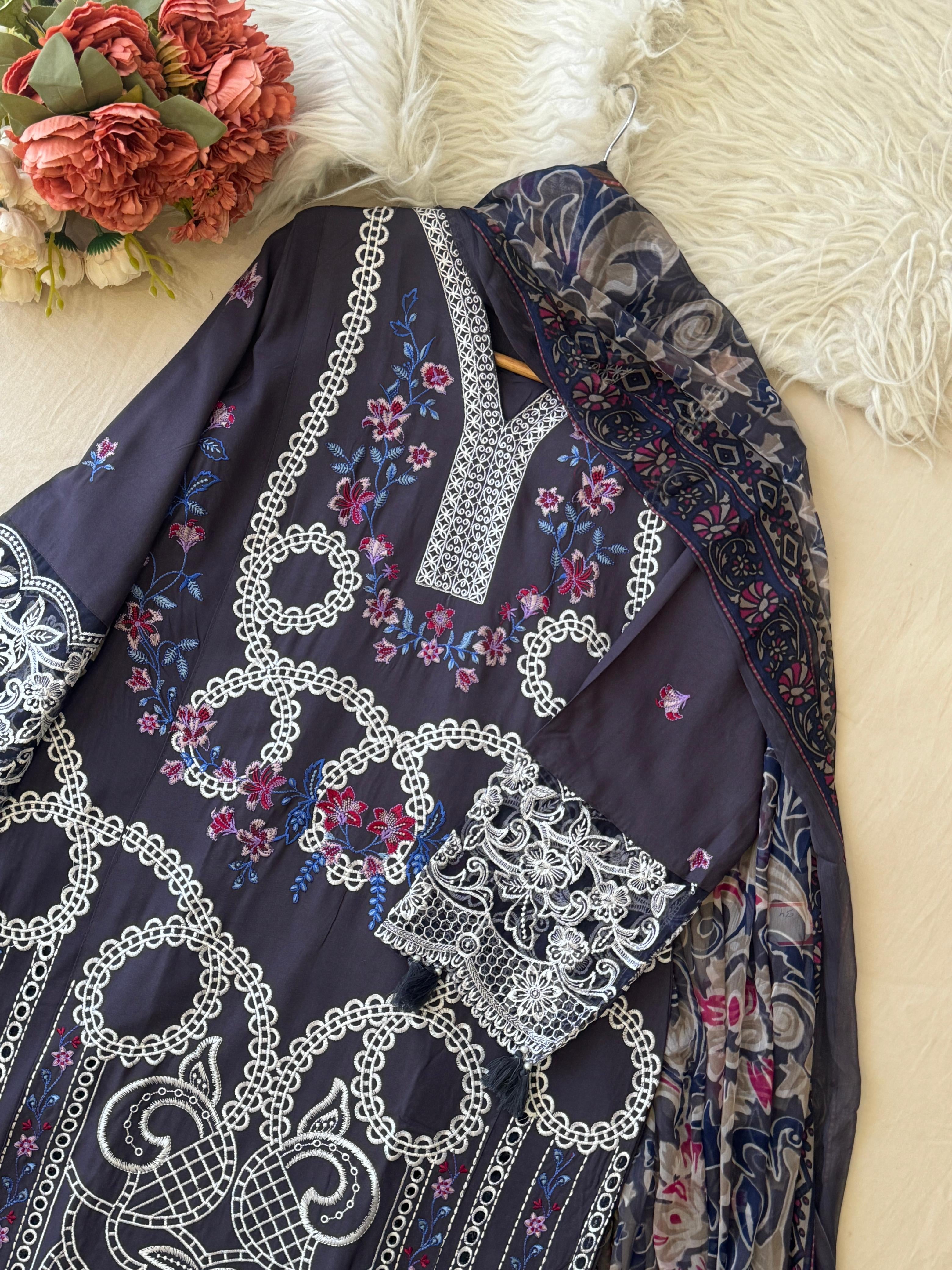 Charcoal Grey Ready to Wear Embroidered Rayon Suit - Pehnava Lawns