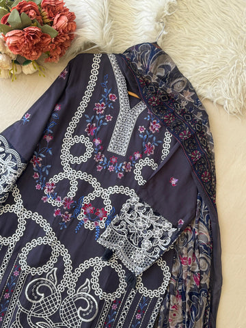 Charcoal Grey Ready to Wear Embroidered Rayon Suit - Pehnava Lawns