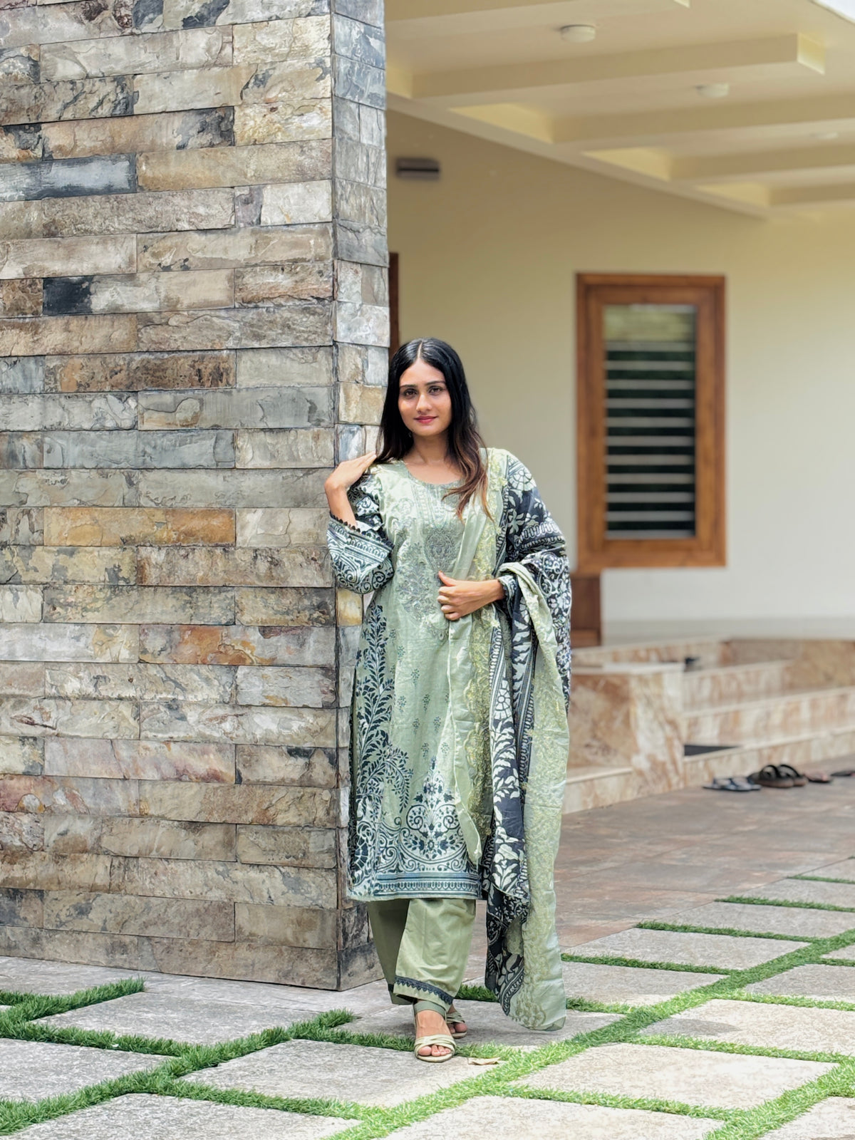 Green  Printed Unstitched Suit