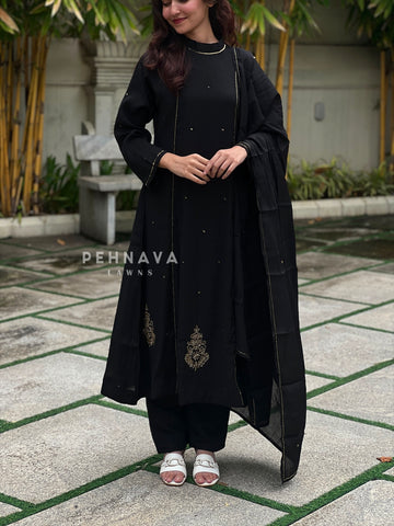 Handworked panel Anarkali Ensemble H-183 Black