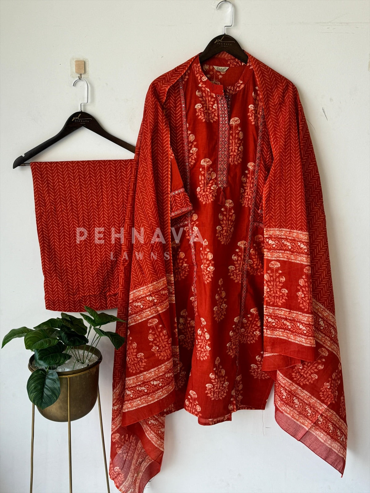 Orange Floral Kurtha Suit -5670 - Pehnava Lawns
