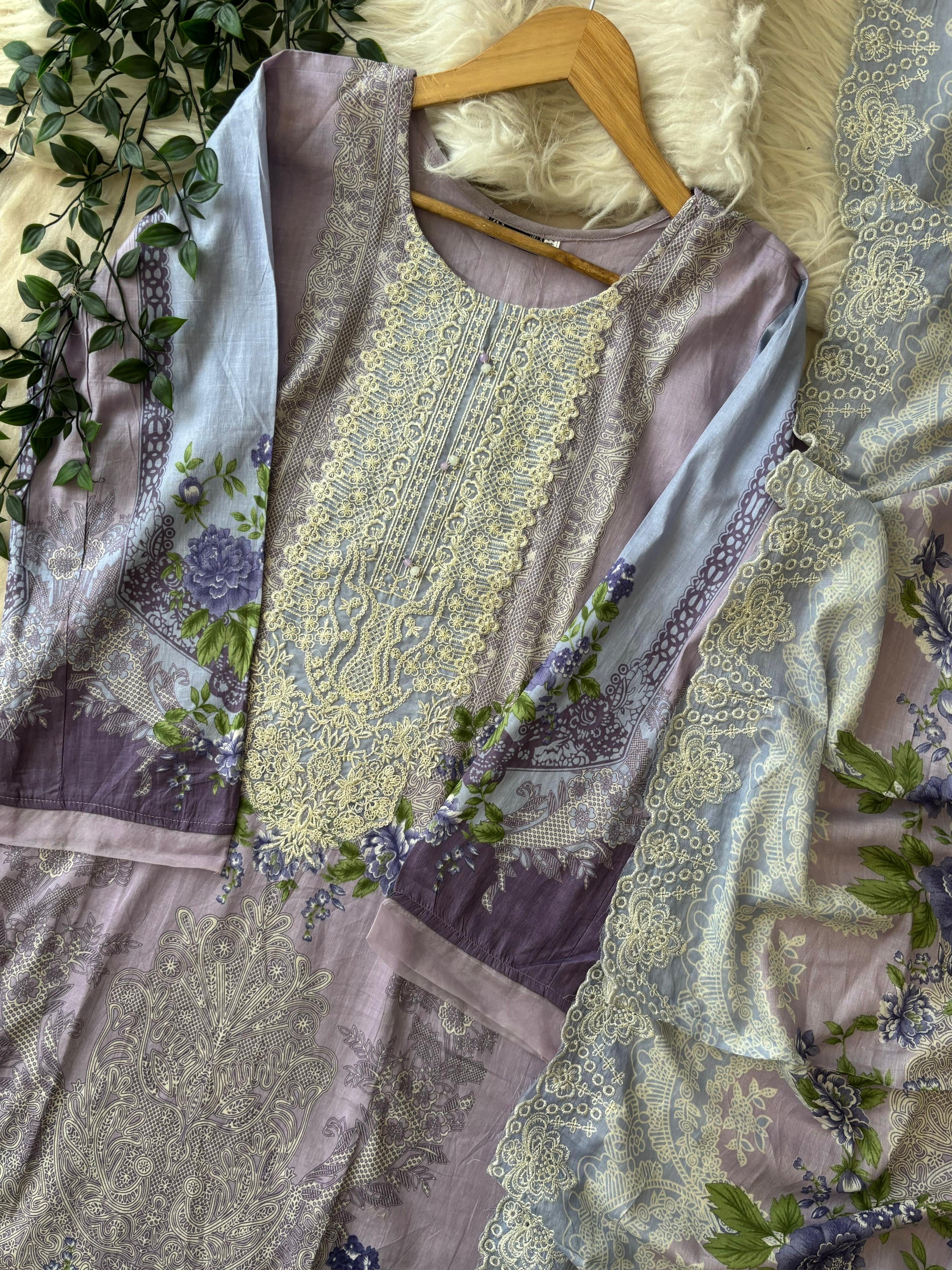 Printed Pakistani Cotton Suit Ft.Neckline Embroidery-3