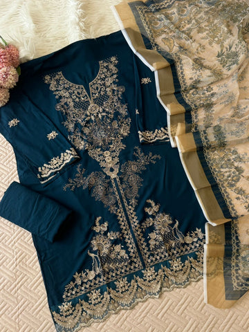 Rayon Embroidered Suit-Blue 3639B