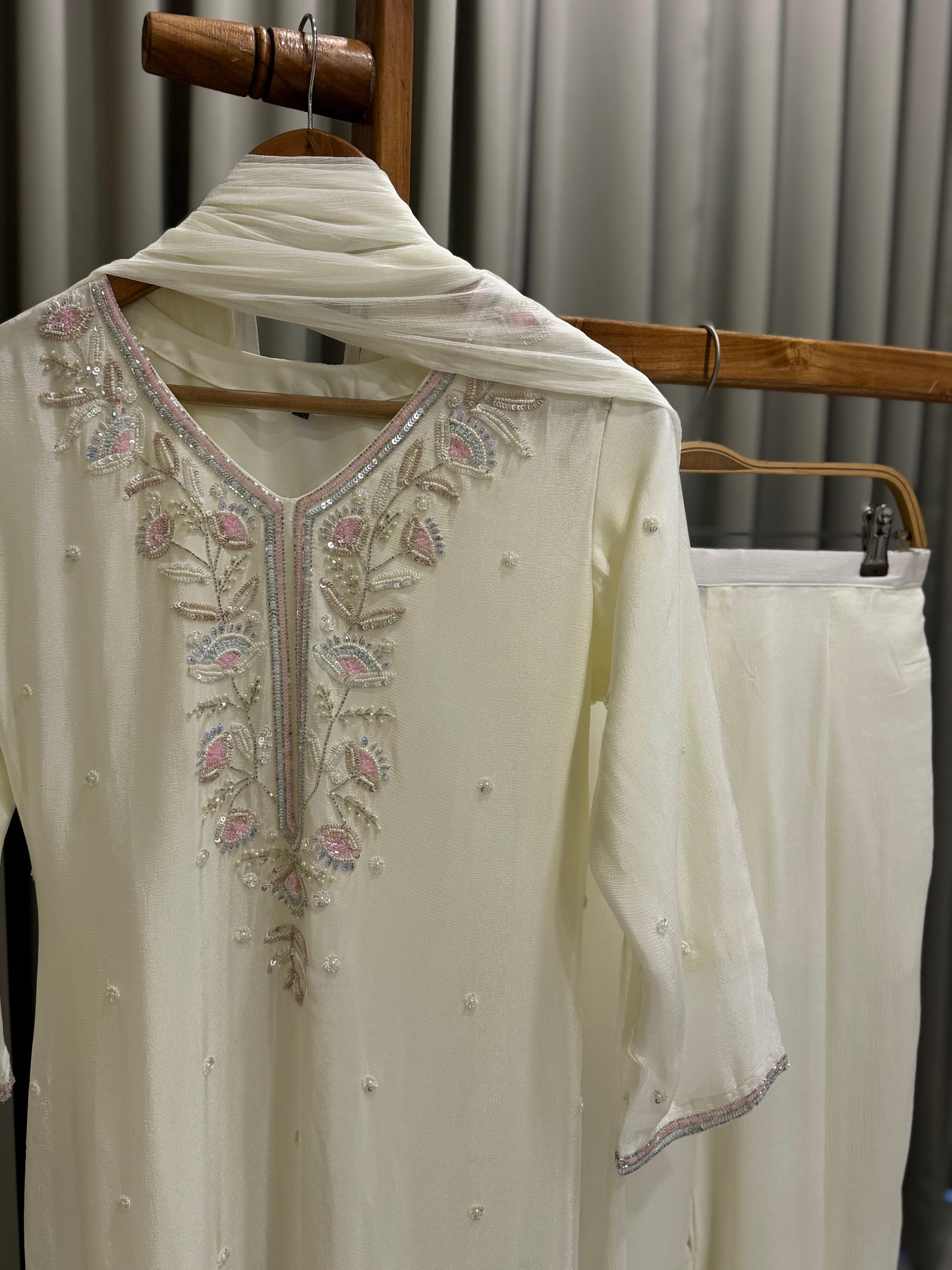 Handworked Chinnon Suit with wide palazzos - Pehnava Lawns