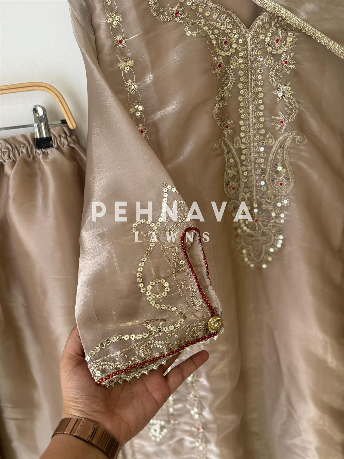 Beige Shimmer Party wear with Organza Dupatta - Pehnava Lawns