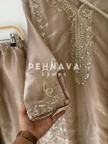 Beige Shimmer Party wear with Organza Dupatta - Pehnava Lawns