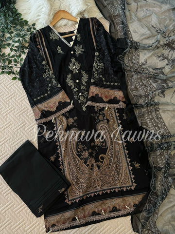 Embroidered casual suit with Chiffon Dupatta-Black 1128D