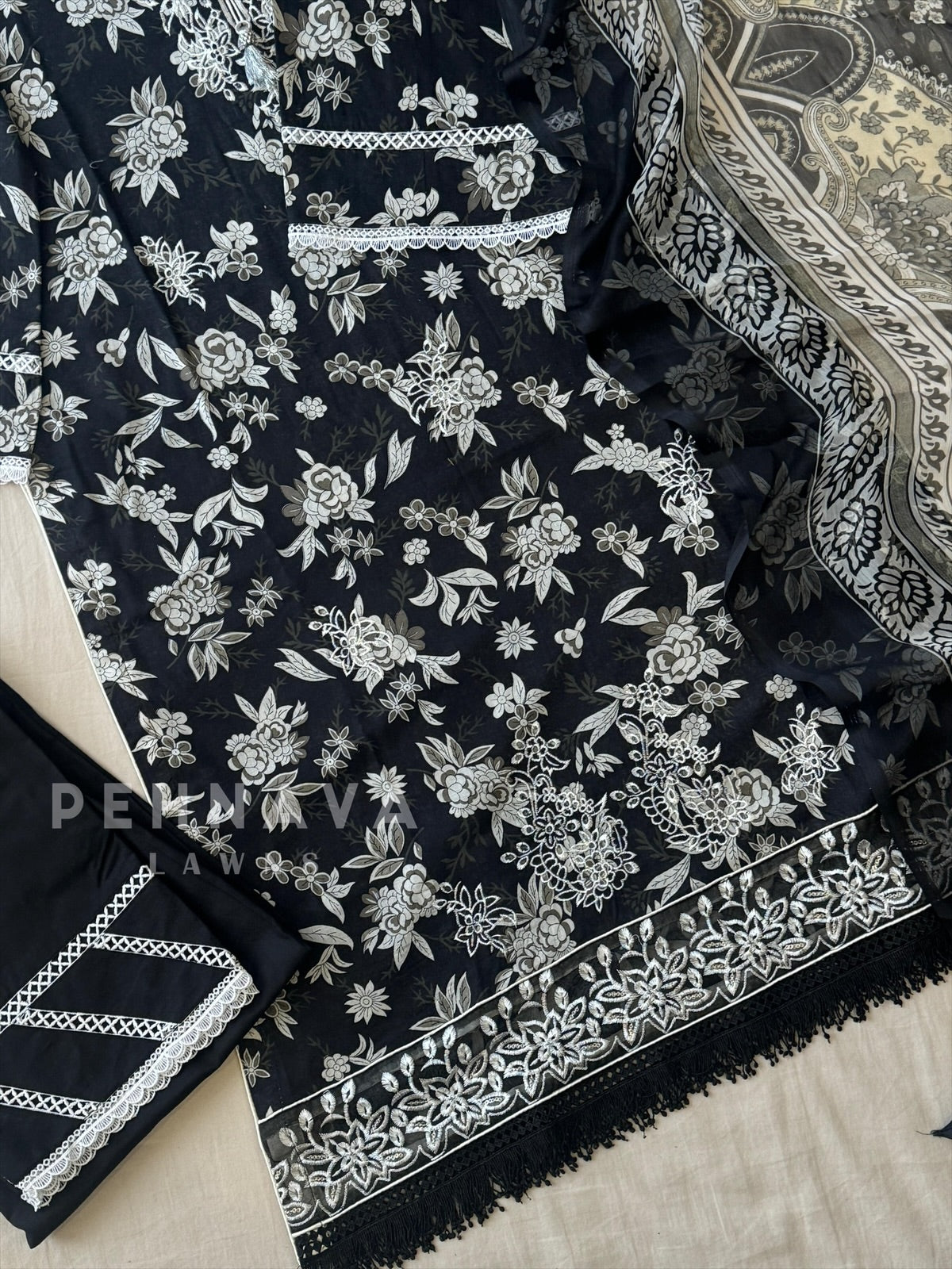 Black & White Cotton Ensemble-AZ-1405 - Pehnava Lawns