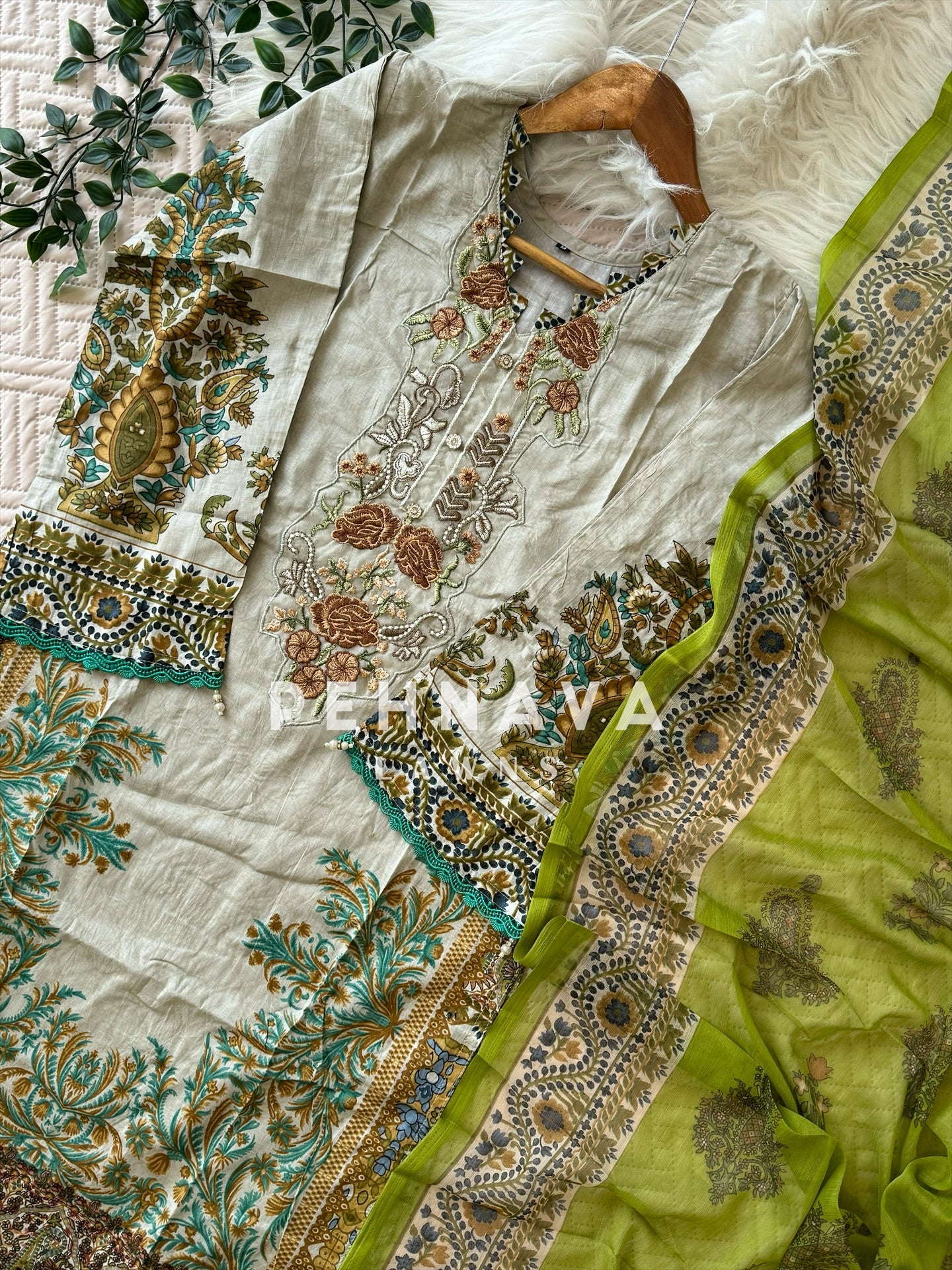 Green Cotton Suit With Chiffon Dupatta