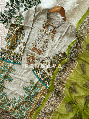 Green Cotton Suit With Chiffon Dupatta