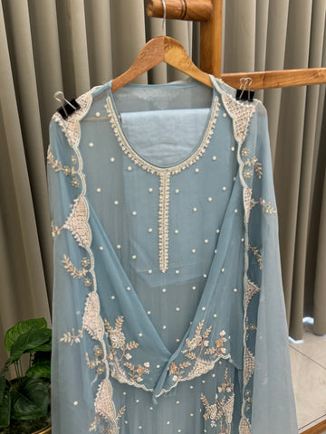 Premium Chiffon handwork suit with bottom and organza  hand  worked dupatta-1970