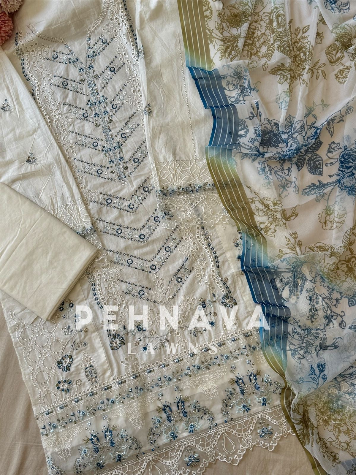 Cotton Embroidered Suit Featuring Chiffon/Cotton Shawl-1004