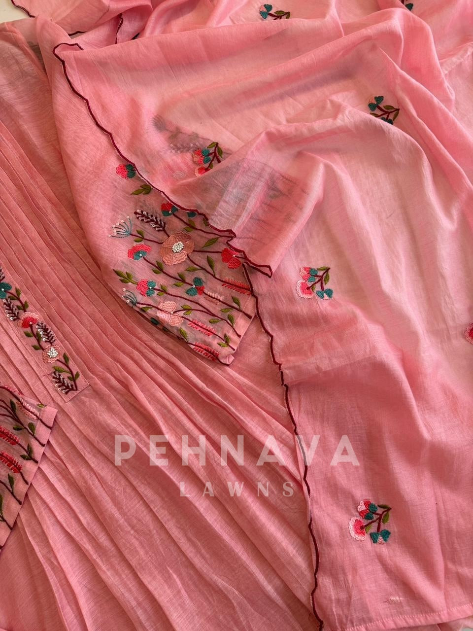 Mul Chanderi Embroidered Suit