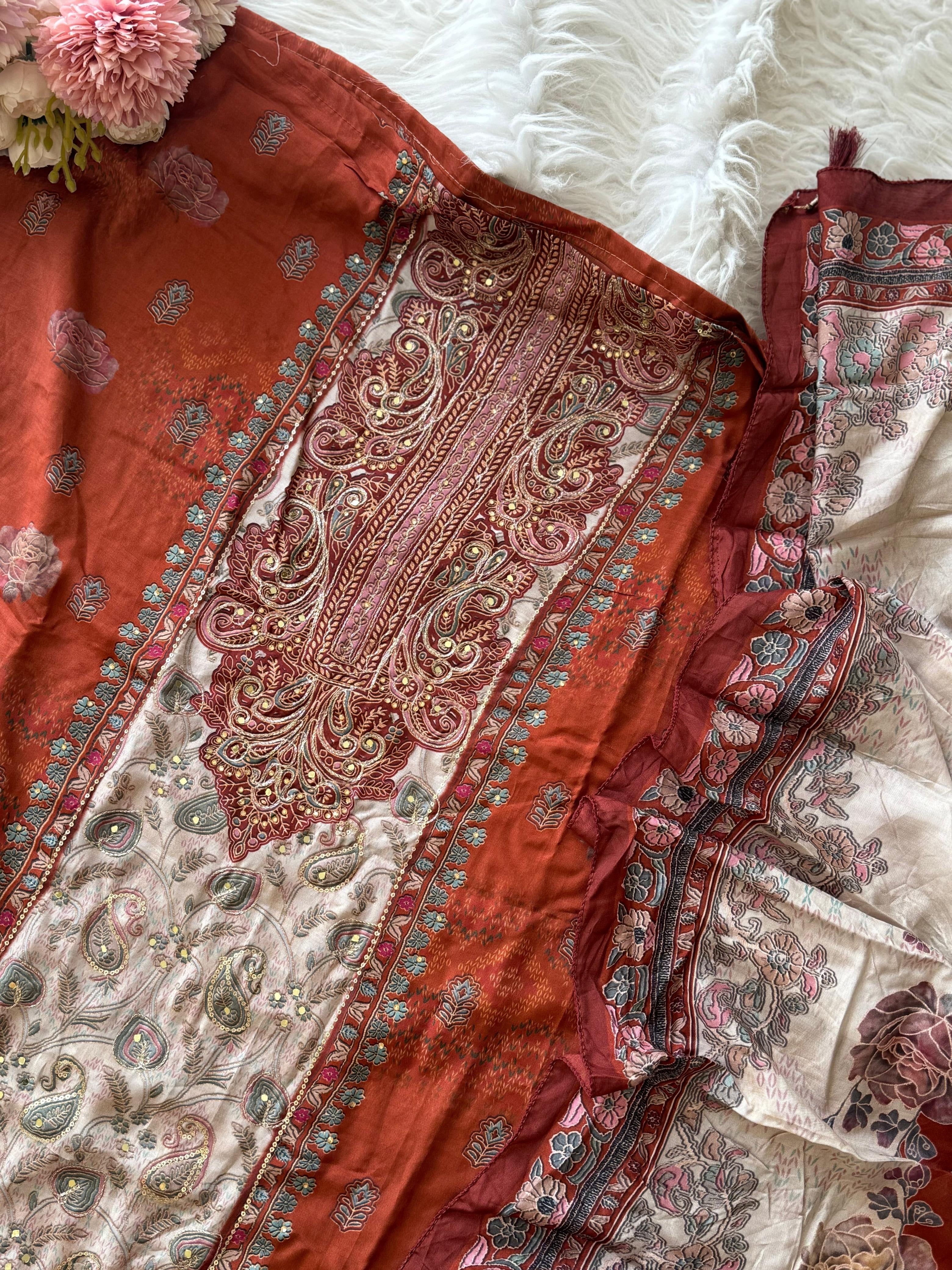 Premium Rust Orange Muslin Suit-281