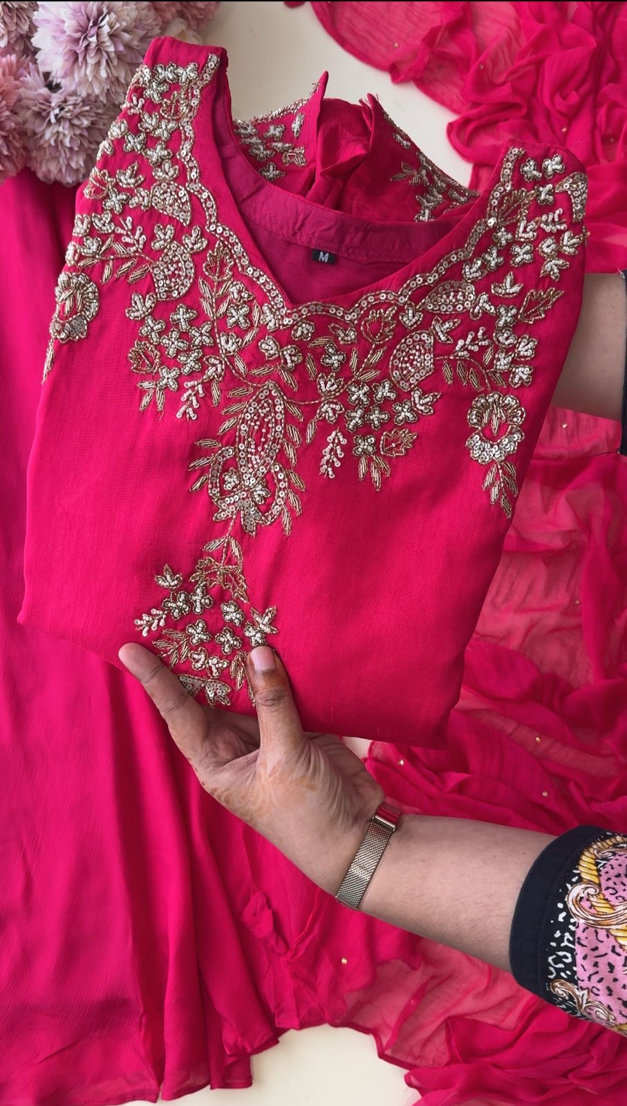 Dola silk short handworked shirt with wide palazzos-3939