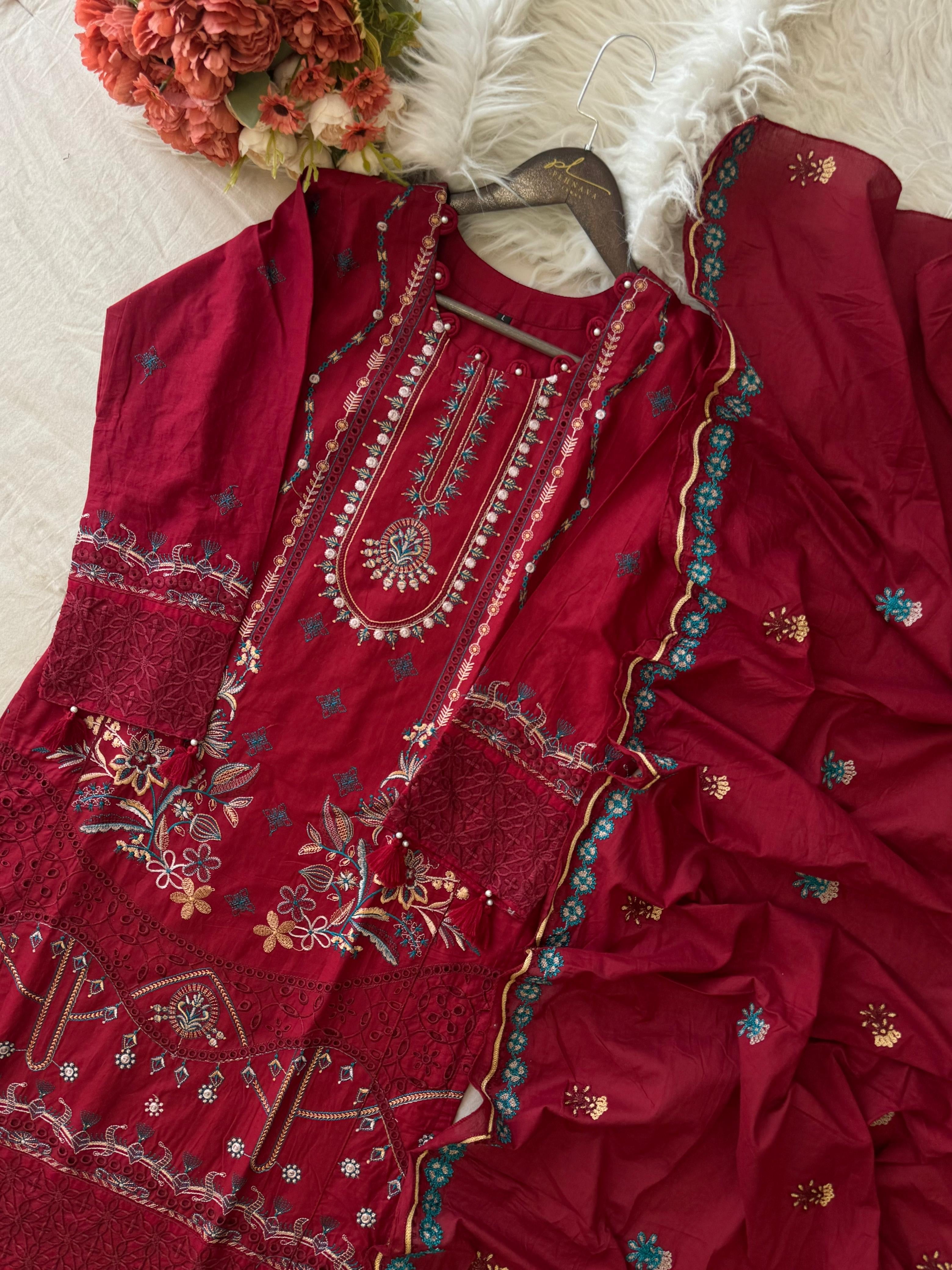 Premium Embroidered Pak-Suit Ft. Cotton Dupatta-Red 3985
