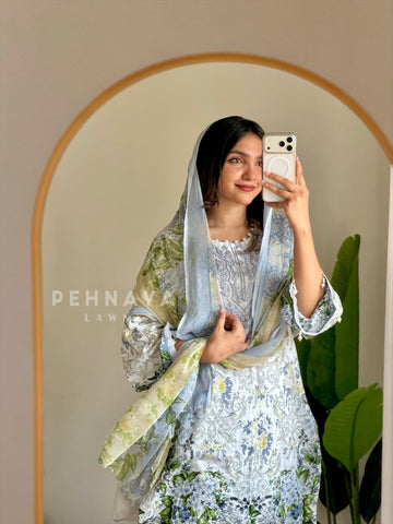 Timeless White & Blue Unstitched Ensemble 1330 - Pehnava Lawns