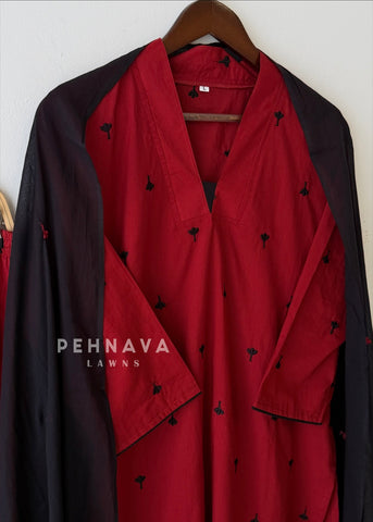 Women's V-Neck Embroidered Cotton Suit Set with Dupatta | Style | Pehnava