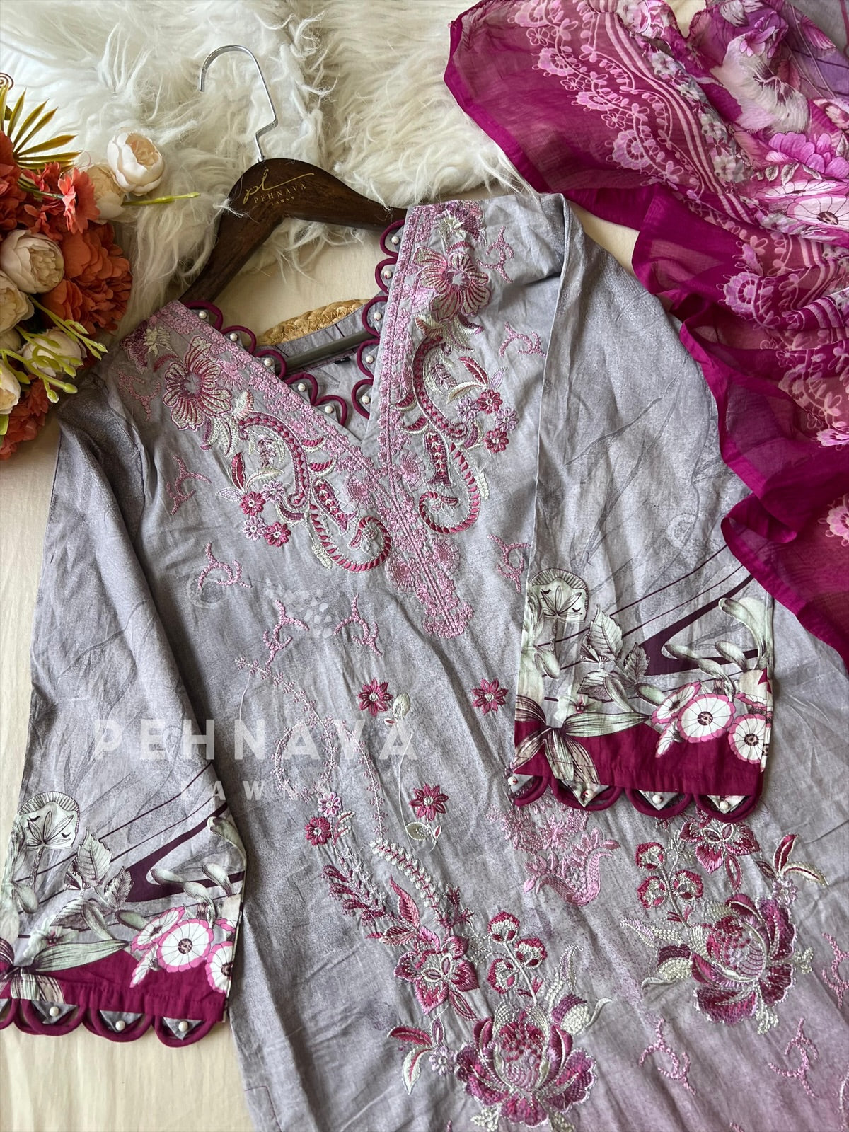 Floral Embroidered Cotton Suit Purple -4106